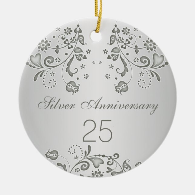 Silver swirls 25th Wedding Anniversary Ornament (Front)