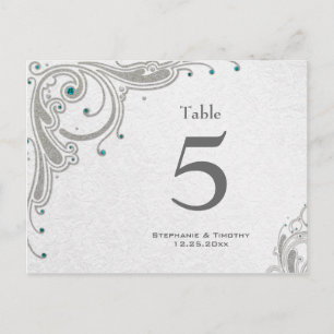 Silver swirls + aqua jewels wedding table number postcard