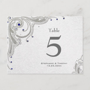 Silver swirls + blue jewels wedding table number postcard
