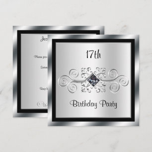 Silver Swirls & Diamond 17th Birthday Party Invitation