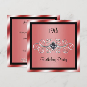 Silver Swirls & Diamond 19th Birthday Party Invitation