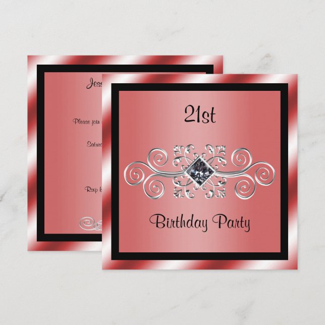 Silver Swirls & Diamond 21st Birthday Party Invitation (Front/Back)
