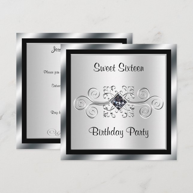 Silver Swirls & Diamond Sweet 16 Birthday Party Invitation (Front/Back)