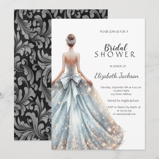  Silver Swirls,Girl Glitter Dress Bridal Shower Invitation (Front/Back)