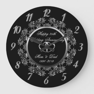 Silver  Swirls Hearts 25th Wedding Anniversary Large Clock