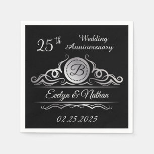 Silver swirls on black 25th Wedding Anniversary Napkin