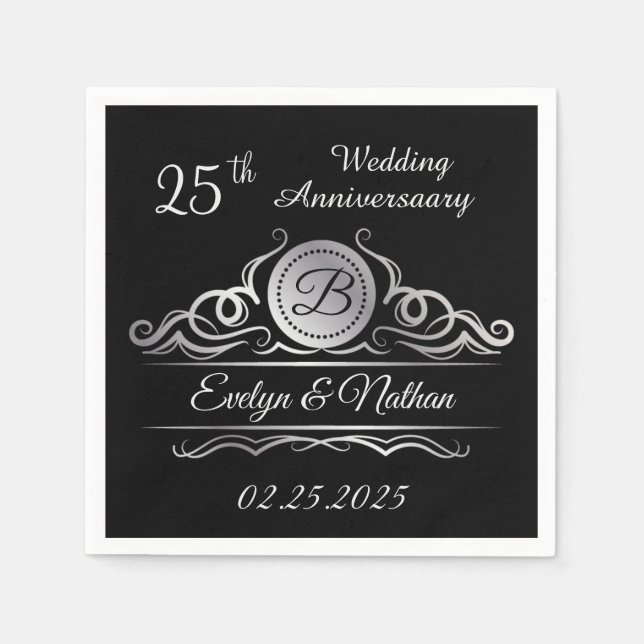 Silver swirls on black 25th Wedding Anniversary Napkin (Front)