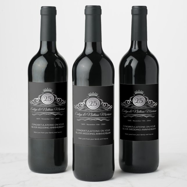 Silver Swirls on black 25th Wedding Anniversary  Wine Label (Bottles)