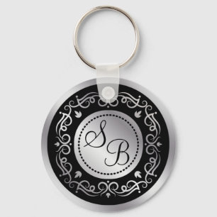 Silver swirls on black Wedding monogrammed Key Ring