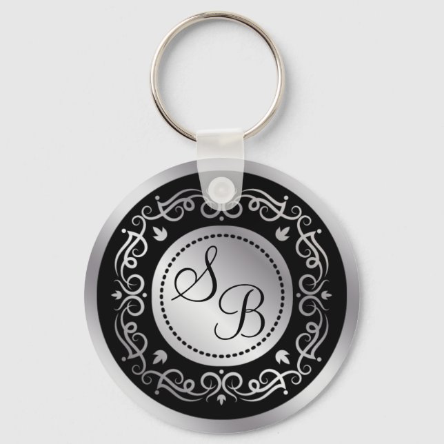 Silver swirls on black Wedding monogrammed Key Ring (Front)