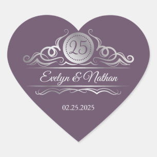 Silver swirls on purple 25th Wedding Anniversary Heart Sticker