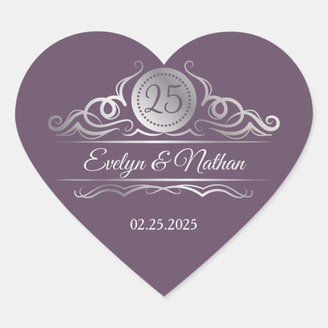 Silver swirls on purple 25th Wedding Anniversary Heart Sticker (Front)