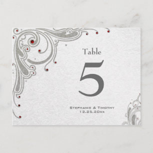Silver swirls + red jewels wedding table number postcard