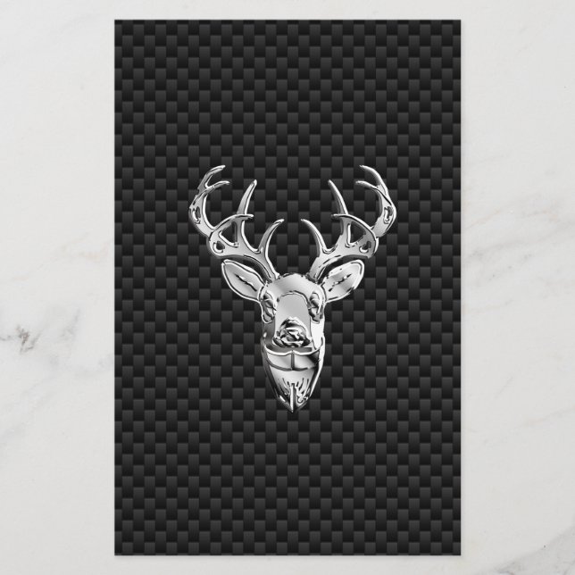 Silver Symbolic Deer on Carbon Fibre Style Print Stationery (Front)