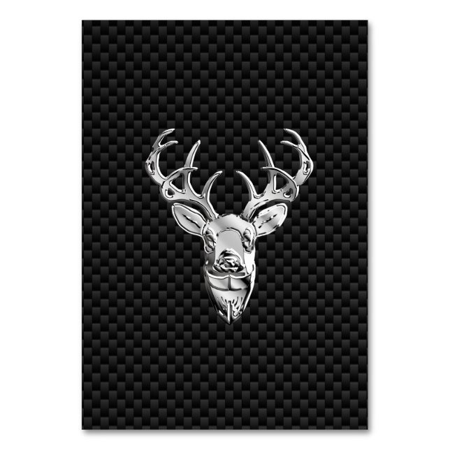 Silver Symbolic Deer on Carbon Fibre Style Print Table Number (Front)