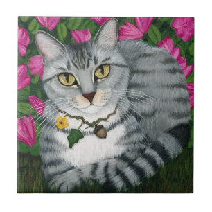 Silver Tabby Cat Garden Cat Art Tile