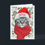 Silver Tabby Cat in a Santa Hat Meowy Christmas Holiday Card<br><div class="desc">A very cute short haired grey tabby cat with sweet green eyes and salmon coloured nose is wearing the perfect apparel to wish the cat lover a very happy holiday season.</div>