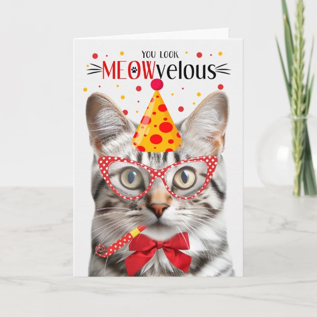 Silver Tabby Cat MEOWvelous Birthday Card (Front)