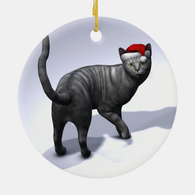 Silver Tabby Cat Santa Ceramic Tree Decoration (Back)
