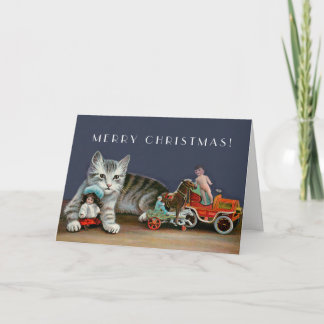 Silver Tabby Cat  - Vintage Christmas Cat Art Holiday Card
