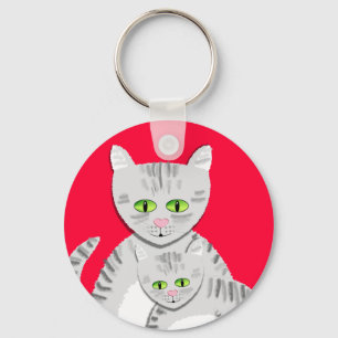 Silver Tabby Mother Cat and Kitten Key Ring