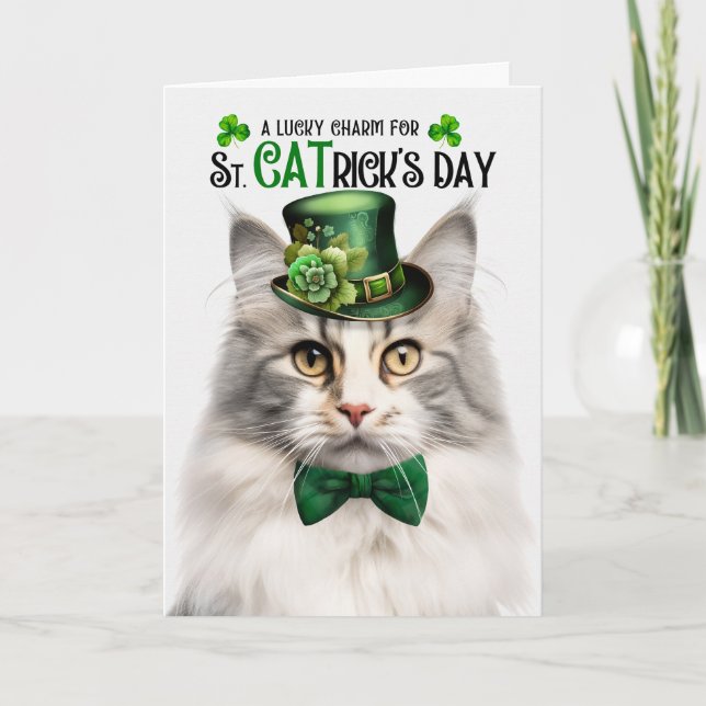 Silver Tabby Norwegian Forest Cat St CATrick's Day Holiday Card (Front)