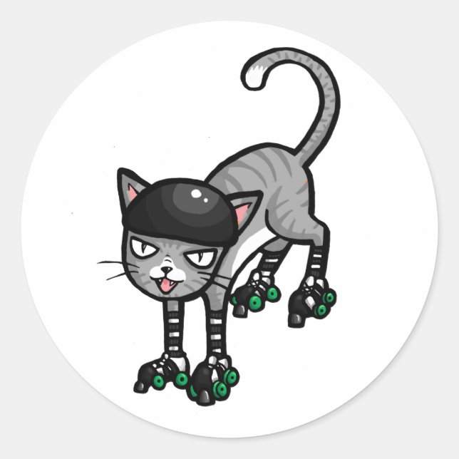 Silver Tabby on RollerSkates Classic Round Sticker (Front)
