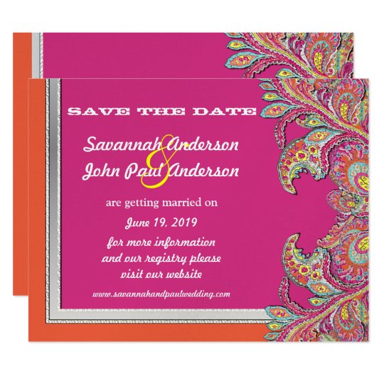 Silver Tangerine & Fuchsia Wedding Save the Date Card