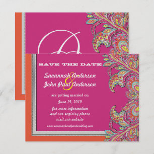 Silver Tangerine & Fuchsia Wedding Save the Date Invitation