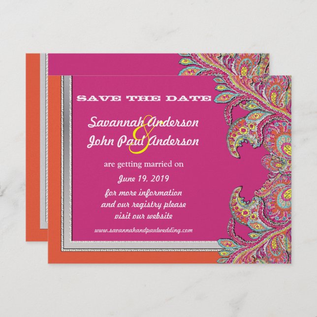 Silver Tangerine & Fuchsia Wedding Save the Date Invitation (Front/Back)