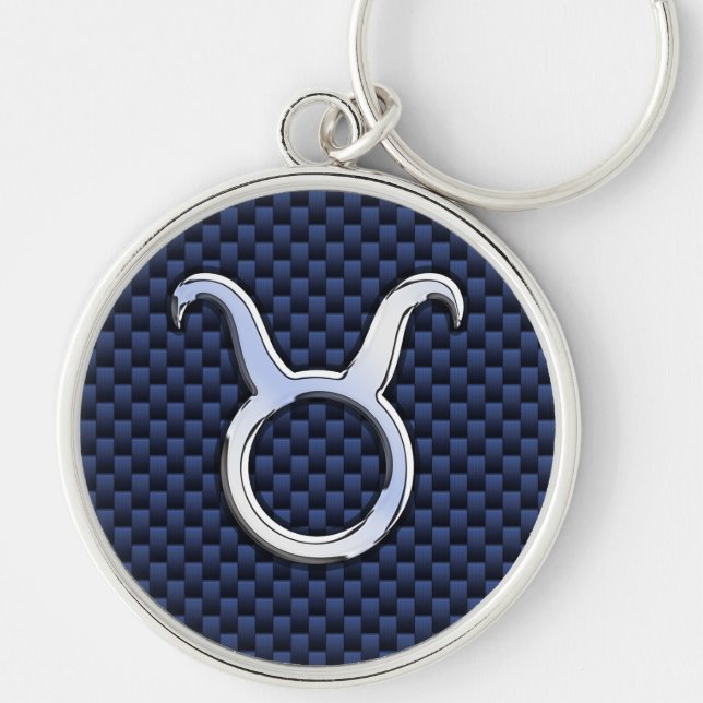 Silver Taurus Zodiac Sign Blue Carbon Fiber Print Key Ring (Front)
