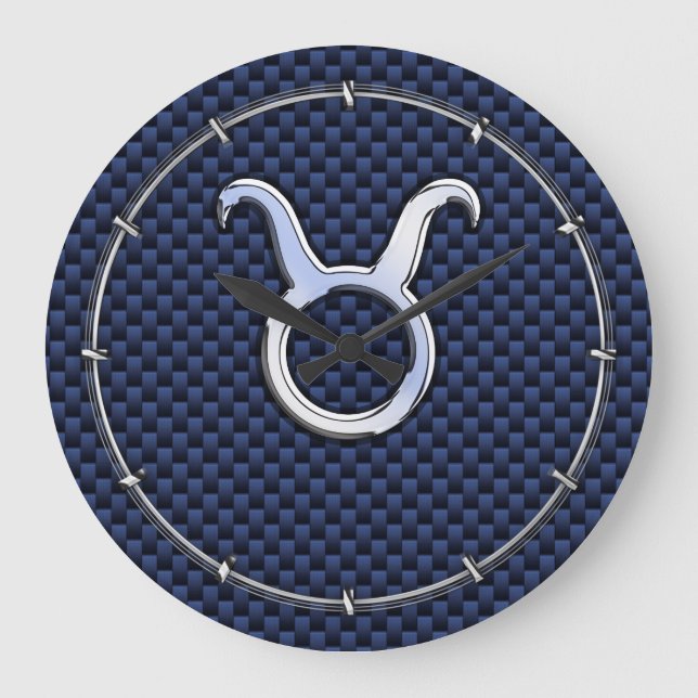 Silver Taurus Zodiac Sign Blue Carbon Fibre Print Large Clock (Front)