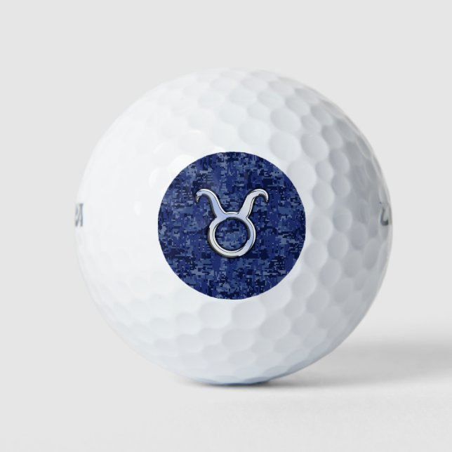 Silver Taurus Zodiac Sign Navy Blue Digital Camo Golf Balls (Front)