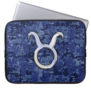 Silver Taurus Zodiac Sign Navy Blue Digital Camo Laptop Sleeve