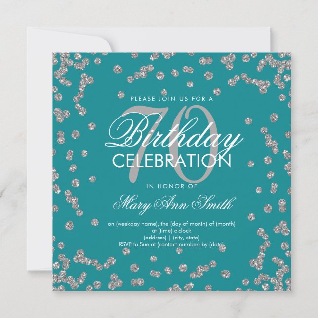 Silver Teal 70th Birthday Elegant Glitter Confetti Invitation (Front)