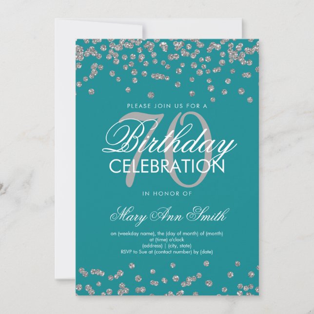 Silver Teal 70th Birthday Party Glitter Confetti Invitation (Front)