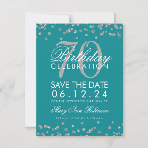 Silver Teal 70th Birthday Save Date Confetti Save The Date