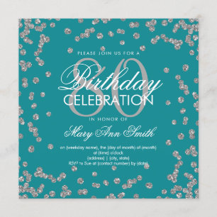 Silver Teal 80th Birthday Glitter Confetti Invitation