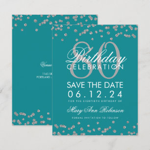 Silver Teal 80th Birthday Save Date Confetti Invitation