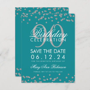 Silver Teal 90th Birthday Save Date Confetti Invitation