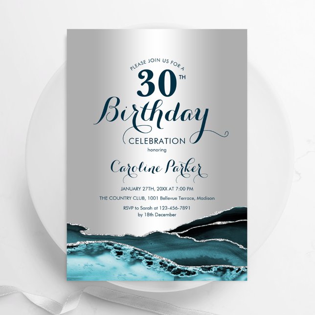 Silver Teal Agate 30th Birthday Invitation (Creator Uploaded)