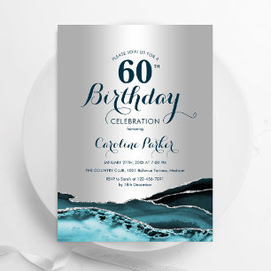 Silver Teal Agate 60th Birthday Invitation