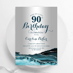 Silver Teal Agate 90th Birthday Invitation<br><div class="desc">Teal and silver agate 90th birthday party invitation. Elegant modern design featuring watercolor agate marble geode background,  faux glitter silver and typography script font. Trendy invite card perfect for a stylish women's bday celebration. Printed Zazzle invitations or instant download digital printable template.</div>