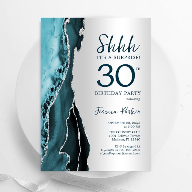 Silver Teal Agate Surprise 30th Birthday Invitation (Creator Uploaded)