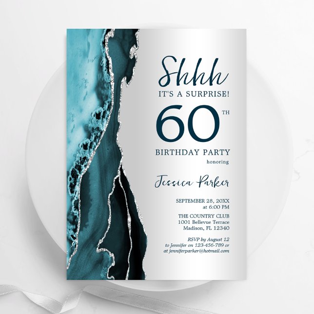 Silver Teal Agate Surprise 60th Birthday Invitation (Creator Uploaded)