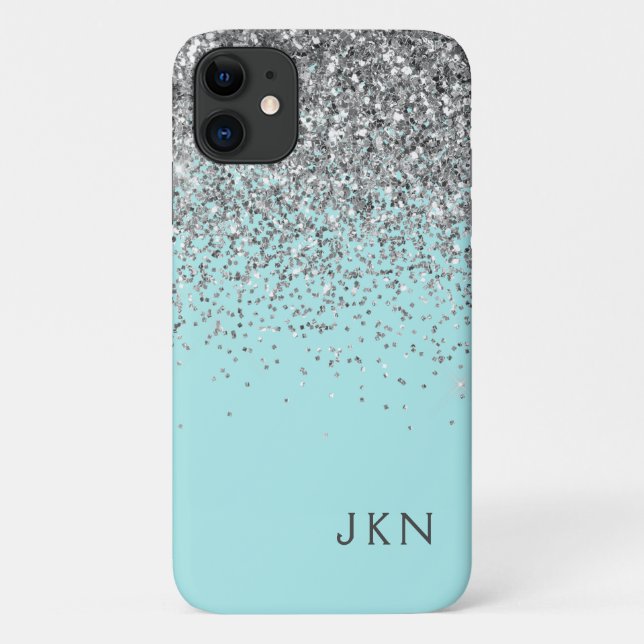 Silver Teal Aqua Blue Girly Glitter Monogram Case-Mate iPhone Case (Back)