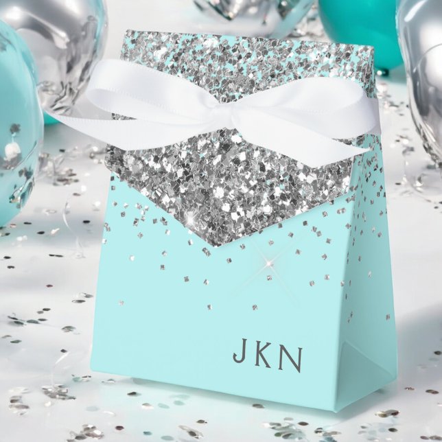 Silver Teal Aqua Blue Girly Glitter Monogram Favour Box (Creator Uploaded)
