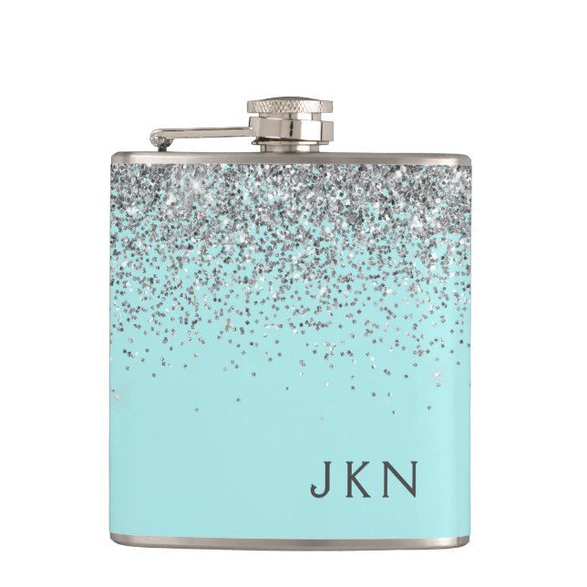 Silver Teal Aqua Blue Girly Glitter Monogram Hip Flask (Front)