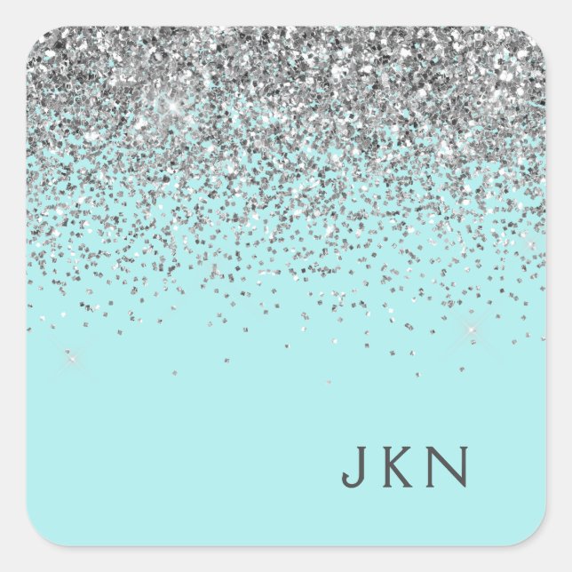 Silver Teal Aqua Blue Girly Glitter Monogram Square Sticker (Front)