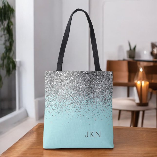 Silver Teal Aqua Blue Girly Glitter Monogram Tote Bag (Creator Uploaded)
